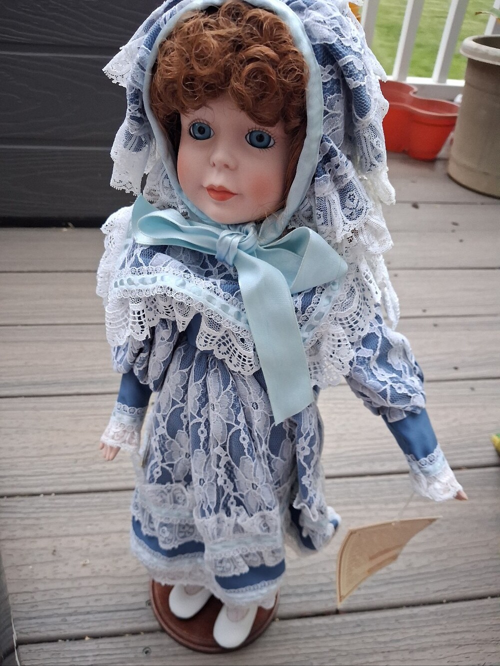 Blue Lace Porcelain Doll with Bonnet - Classic Kids Toy
